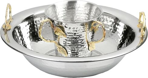 The Kosher Cook Stainless Steel Netilat Yadayim Set Large 14" Gold Leaf Modern Design - Dual Handle Cup with Matching Bowl - Rust, Break and Crack Proof Negel Vasser Set in Saudi Arabia