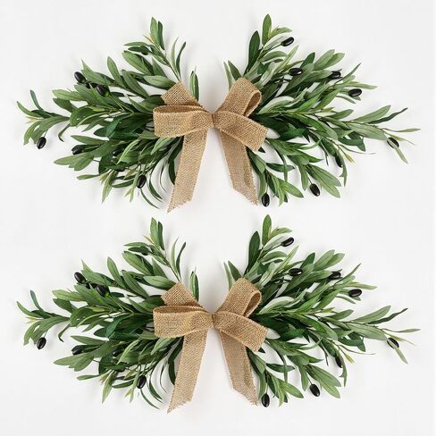 24" Handmade Artificial Olive Swag (2PC), Realistic Greenery Swag with Natural Burlap Bow, Easy to Hang Symmetrical Olive Branch Wreath for Front Door, Wedding Arch, Mantle & Farmhouse in Saudi Arabia
