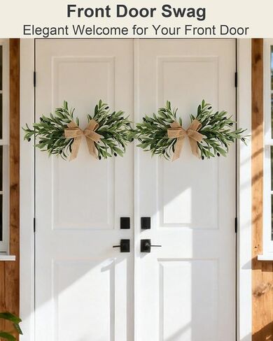 24" Handmade Artificial Olive Swag (2PC), Realistic Greenery Swag with Natural Burlap Bow, Easy to Hang Symmetrical Olive Branch Wreath for Front Door, Wedding Arch, Mantle & Farmhouse in Saudi Arabia