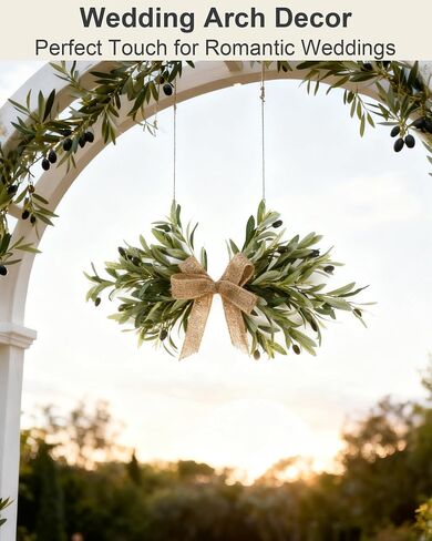 24" Handmade Artificial Olive Swag (2PC), Realistic Greenery Swag with Natural Burlap Bow, Easy to Hang Symmetrical Olive Branch Wreath for Front Door, Wedding Arch, Mantle & Farmhouse in Saudi Arabia