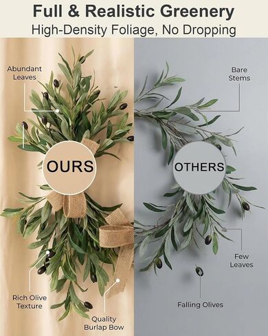 24" Handmade Artificial Olive Swag (2PC), Realistic Greenery Swag with Natural Burlap Bow, Easy to Hang Symmetrical Olive Branch Wreath for Front Door, Wedding Arch, Mantle & Farmhouse in Saudi Arabia