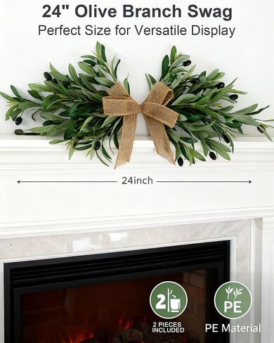 24" Handmade Artificial Olive Swag (2PC), Realistic Greenery Swag with Natural Burlap Bow, Easy to Hang Symmetrical Olive Branch Wreath for Front Door, Wedding Arch, Mantle & Farmhouse in Saudi Arabia