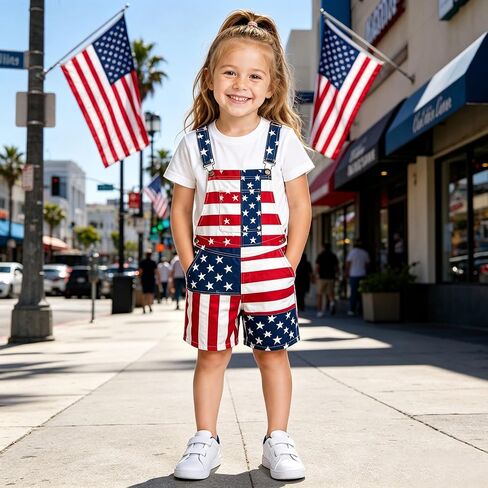 American Flag Overalls Kids Girls 4th of July Outfits Adjustable Straps Bibs Summer Jumpsuit Patriotic Casual Denim Romper in Kuwait