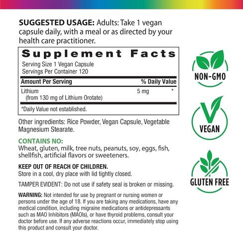 ملحق Rainbow Light Lithium Orotate 5 mg | 120 كبسولة نباتية | العناصر النزرة المتوفرة بيولوجيا | غير معدل وراثيًا وخالي من الغلوتين in Kuwait