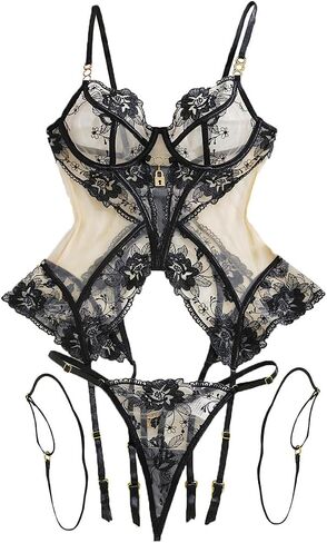 Luxury Women's Floral Lace Lingerie Set Black Sheer Mesh Adjustable Straps Garter Belt 4-Piece with Lock Detail in Saudi Arabia