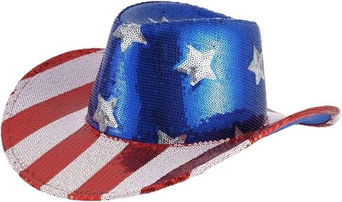 Women's Men's 4th of July Hat American Flag Cowboy Hat Star Striped Red White and Blue Sequin Cowgirl Western Hat in Kuwait