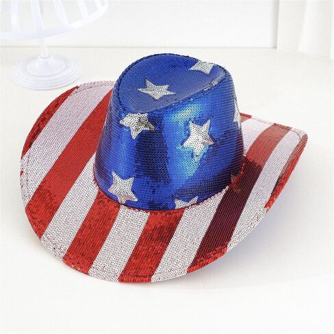 Women's Men's 4th of July Hat American Flag Cowboy Hat Star Striped Red White and Blue Sequin Cowgirl Western Hat in Kuwait