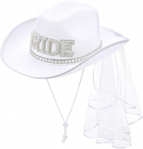 Bride Cowgirl Hat with Veil - White Cowboy Hat for Bride Bachelorette Party Nashville Last Rodeo Disco Bridal Accessories in Saudi Arabia