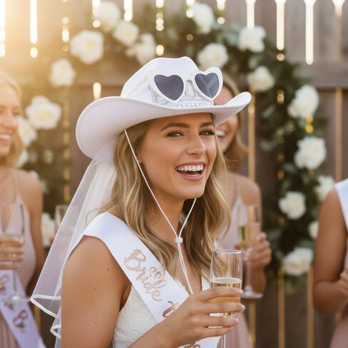 Bride Cowgirl Hat with Veil - White Cowboy Hat for Bride Bachelorette Party Nashville Last Rodeo Disco Bridal Accessories in Saudi Arabia