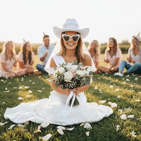 Bride Cowgirl Hat with Veil - White Cowboy Hat for Bride Bachelorette Party Nashville Last Rodeo Disco Bridal Accessories in Saudi Arabia