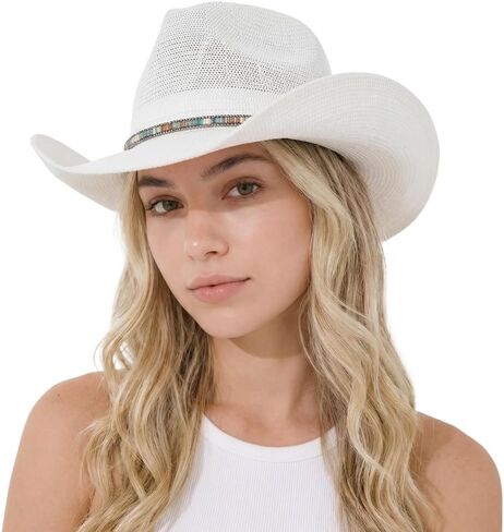 C.C Knitted Cowboy Hat for Women Lightweight Woven Western Hat with Multicolor Trim Band, Wide Brim Summer Sun Hat in Kuwait