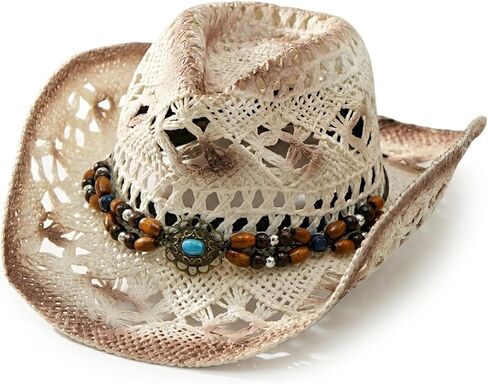 4E's Novelty Western Straw Cowboy and Cowgirl Hat with Decorative Bands - for Adults Men & Women, Wide Brim Summer Straw Coboy Hat - White in Kuwait