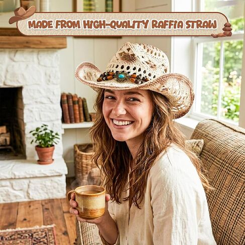 4E's Novelty Western Straw Cowboy and Cowgirl Hat with Decorative Bands - for Adults Men & Women, Wide Brim Summer Straw Coboy Hat - White in Kuwait
