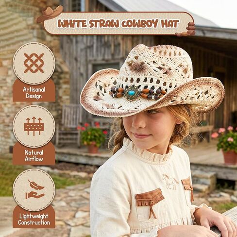 4E's Novelty Western Straw Cowboy and Cowgirl Hat with Decorative Bands - for Adults Men & Women, Wide Brim Summer Straw Coboy Hat - White in Kuwait