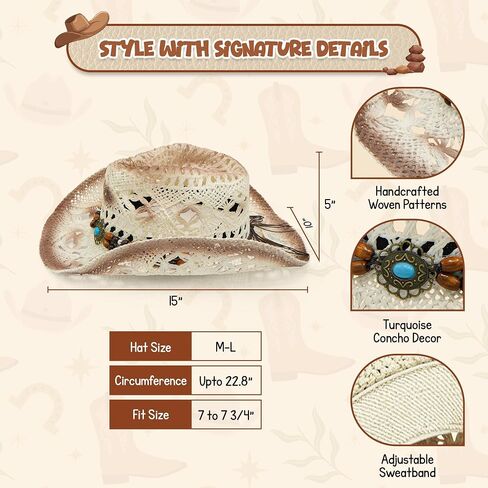 4E's Novelty Western Straw Cowboy and Cowgirl Hat with Decorative Bands - for Adults Men & Women, Wide Brim Summer Straw Coboy Hat - White in Kuwait