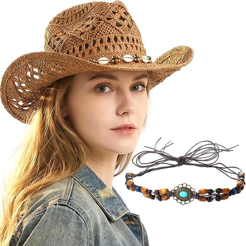 Straw Cowgirl Hat with Two Decorative Bands, Western Wide Brim Straw Cowboy Hat for Women Light Brown in Kuwait