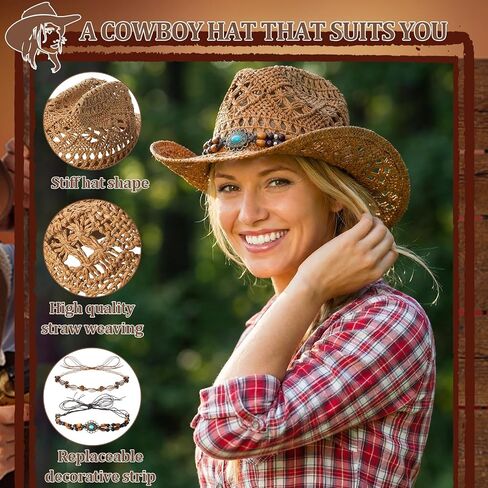 Straw Cowgirl Hat with Two Decorative Bands, Western Wide Brim Straw Cowboy Hat for Women Light Brown in Kuwait