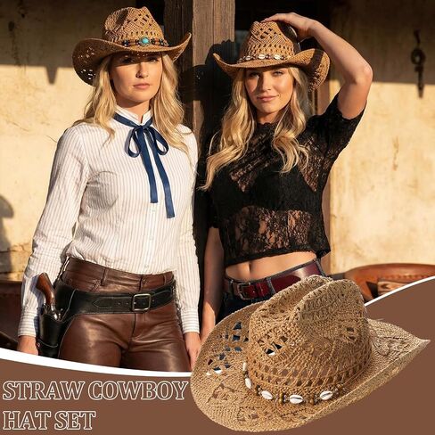 Straw Cowgirl Hat with Two Decorative Bands, Western Wide Brim Straw Cowboy Hat for Women Light Brown in Kuwait
