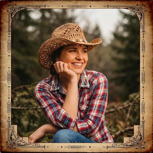 Straw Cowgirl Hat with Two Decorative Bands, Western Wide Brim Straw Cowboy Hat for Women Light Brown in Kuwait