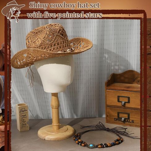 Straw Cowgirl Hat with Two Decorative Bands, Western Wide Brim Straw Cowboy Hat for Women Light Brown in Kuwait