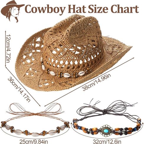 Straw Cowgirl Hat with Two Decorative Bands, Western Wide Brim Straw Cowboy Hat for Women Light Brown in Kuwait