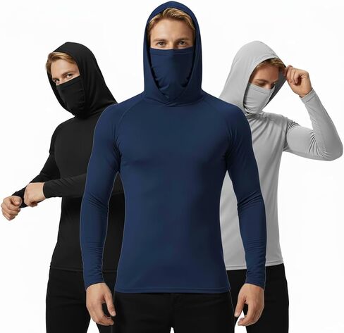 Men's 3 Pack UPF 50+ Sun Protection Hoodies, Long Sleeve UV Cooling Shirts with Face Cover in Saudi Arabia