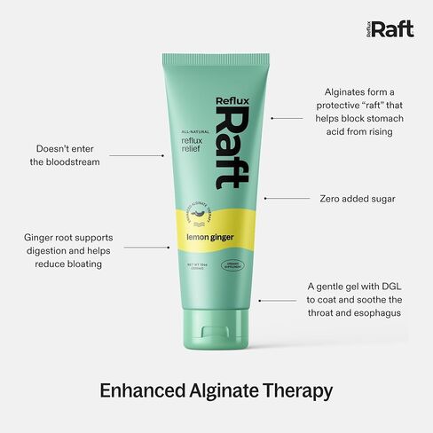علاج ارتجاع حمض RefluxRaft مع الجينات العضوية، جيرد سريع وطويل الأمد، LPR ودعم أعراض الهضم، صفر سكر، خالي من الغلوتين، منخفض الصوديوم، زنجبيل الليمون، 60 حصة جل، زجاجة 10 أونصة in Kuwait