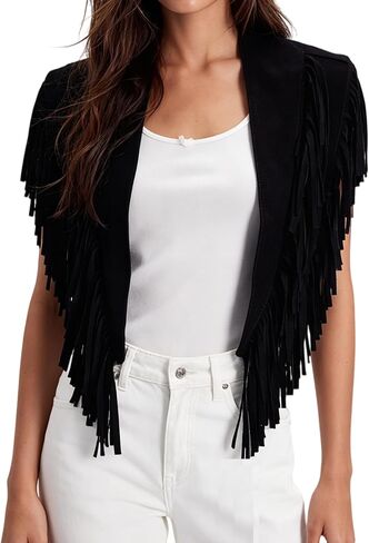 Women Studded Fringe Vest Faux Suede Collar Open Front Wrap with Tassels Shawl Fringe Poncho Western Outfits in Saudi Arabia