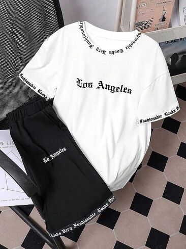 Boys' fashionable and handsome street letter printed T-shirt shorts set, with unique design and comfortable fabric in Kuwait