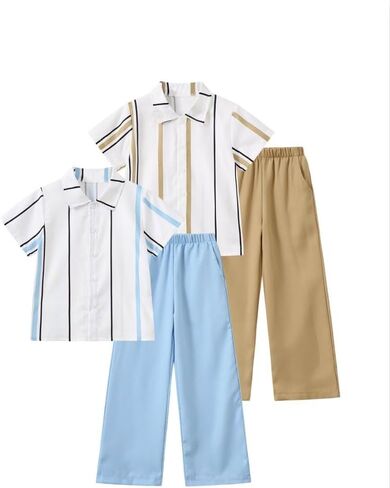 Boys Pants Set 4 Piece Striped Button Down Shirt Wide Leg Pants Set Kids Summer Clothes Beach Vacation 3-12 Years in Kuwait