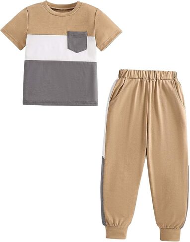 Boys Girls Summer Clothes 2 Piece Set Color Block T-Shirt Casual Elastic Waist Pants for Kids 4-9 Years in Kuwait