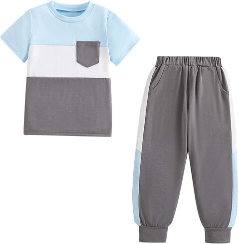 Boys Girls Summer Clothes 2 Piece Set Color Block T-Shirt Casual Elastic Waist Pants for Kids 4-9 Years in Saudi Arabia