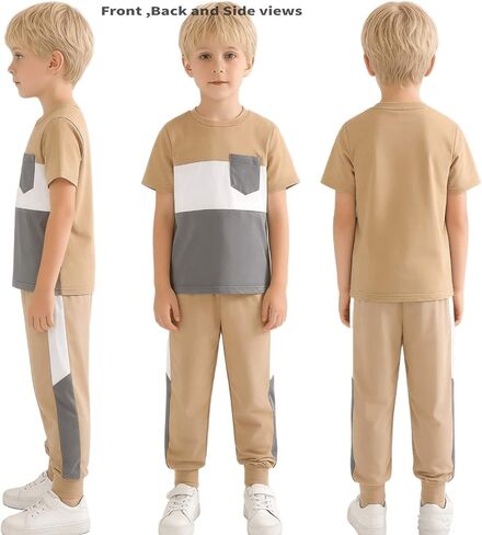 Boys Girls Summer Clothes 2 Piece Set Color Block T-Shirt Casual Elastic Waist Pants for Kids 4-9 Years in Kuwait