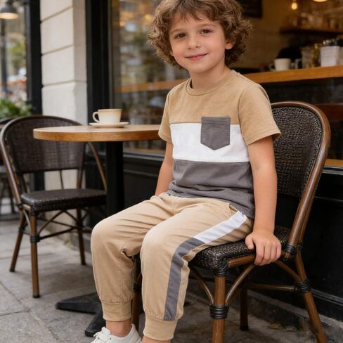 Boys Girls Summer Clothes 2 Piece Set Color Block T-Shirt Casual Elastic Waist Pants for Kids 4-9 Years in Kuwait