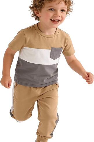 Boys Girls Summer Clothes 2 Piece Set Color Block T-Shirt Casual Elastic Waist Pants for Kids 4-9 Years in Kuwait