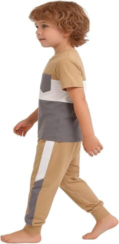 Boys Girls Summer Clothes 2 Piece Set Color Block T-Shirt Casual Elastic Waist Pants for Kids 4-9 Years in Kuwait