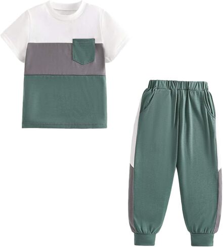 Boys Girls Summer Clothes 2 Piece Set Color Block T-Shirt Casual Elastic Waist Pants for Kids 4-9 Years in Kuwait