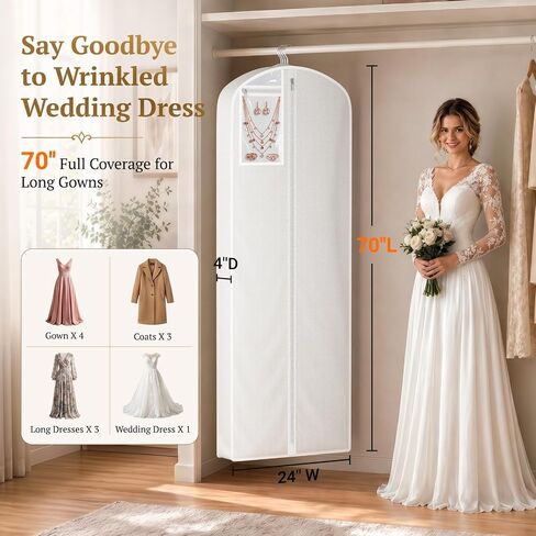 SLEEPING LAMB 70'' Wedding Dress Garment Bag with Large PVC Pocket, Long Dress Bag for Gowns for Closet Storage, Hanging Clothes Cover with 4'' Gusset, White in Saudi Arabia