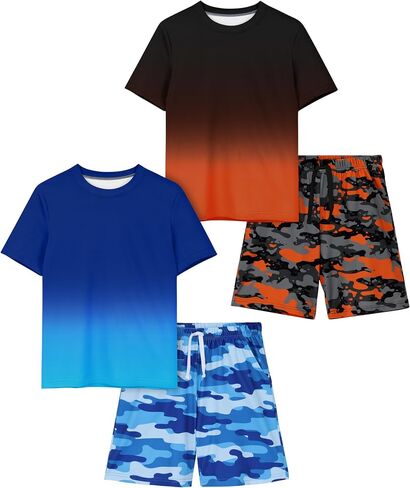 Cooraby Boys' 4-Piece Short Sleeve & Shorts Sets Soft Breathable Comfy Outfits Trendy Gradient & Plaid Camo Prints 8-18Years in Kuwait