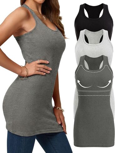 3 Pack Extra Long Tank Tops with Shelf Bras for Women Racerback Ribbed Scoop Neck Basic Tunic Tank Tops in Saudi Arabia