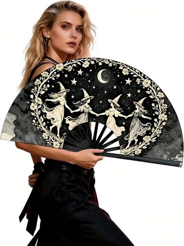 Large Folding Hand Fan, Black, Dancing Witches Design, Moon and Stars Theme, Halloween Costume Accessory in Kuwait