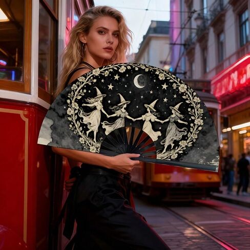 Large Folding Hand Fan, Black, Dancing Witches Design, Moon and Stars Theme, Halloween Costume Accessory in Kuwait