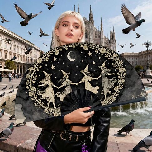 Large Folding Hand Fan, Black, Dancing Witches Design, Moon and Stars Theme, Halloween Costume Accessory in Kuwait