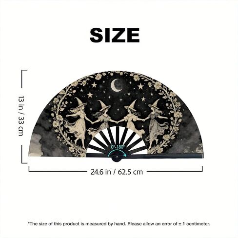 Large Folding Hand Fan, Black, Dancing Witches Design, Moon and Stars Theme, Halloween Costume Accessory in Kuwait
