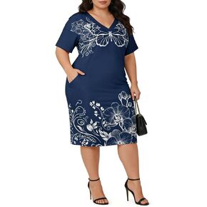 Women's Plus Size Maxi Dresses for Curvy Women Summer Short Loose Sleeve Casual V Neck with Pocket Long Dress XL-5XL in Saudi Arabia