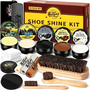 Shoe Shine Kit –16-in-1 Leather Shoe Polish Kit with Saddle Soap,Mink Oil,Black/Brown/Neutral Shoe Polish,Horsehair Brushes,Leather Boot Polish,Cleaning & Conditioning–Gift for Men & Women & Cowboy in Saudi Arabia