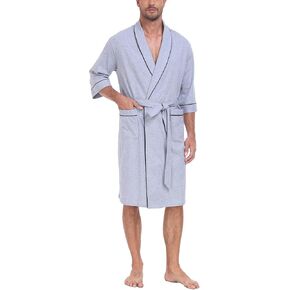 100% Cotton Men's Summer Lightweight Bathrobe Short Sleeve Robe Soft Breathable Knee-Length Lounge Robe with Pockets in Saudi Arabia