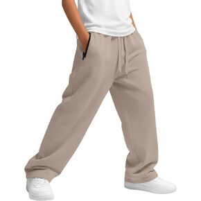 Boys Baggy Sweatpants Casual Straight Leg Open Bottom Joggers Teens Drawstring Athletic Pants with Zip Pockets in Kuwait