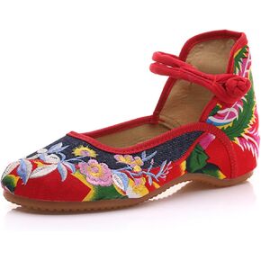 Qhome Women's Fashion Floral Embroidery Canvas Shoes Oxfords Sole Plimsolls Strappy Mary Janes Flats in Saudi Arabia