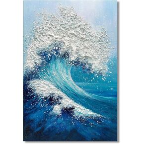 JUHOME Large Abstract Blue Ocean Wave Wall Art,24x36 Hand-Painted Canvas with White Textured Waves, Textured Vertical Painting for Living Room, Bedroom, Office, Coastal Wall Decor in Saudi Arabia